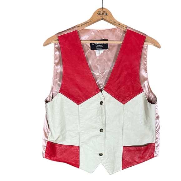 Vintage Jackets & Blazers - Vintage Charle’s Studio 2001 red and ivory leather vest with satin back Large